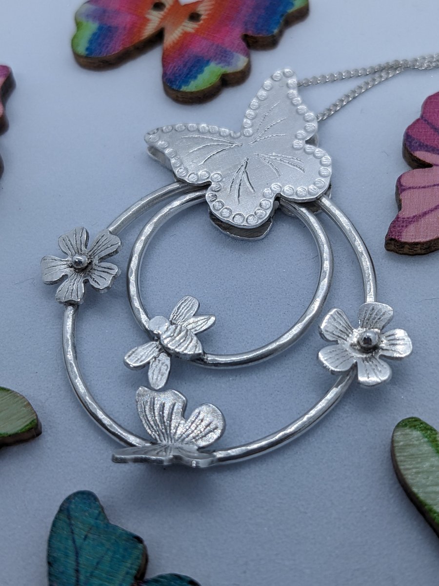 Sterling silver 'Butterflies, Bees and Flowers' pendant, Flower pendant, Bees