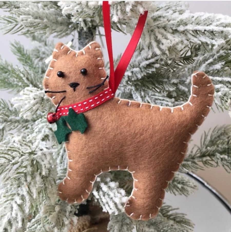 Brown Felt Cat Christmas Decoration