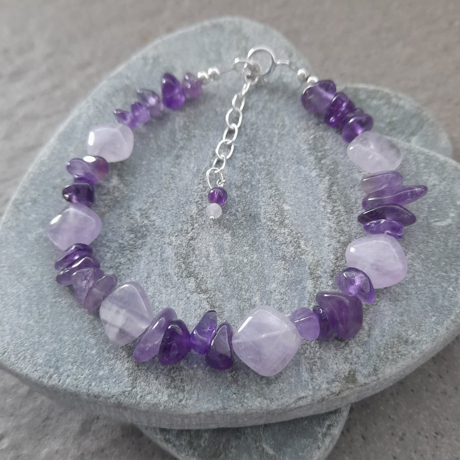  Amethyst Semi Precious Gemstone Beaded Bracelet Sterling Silver