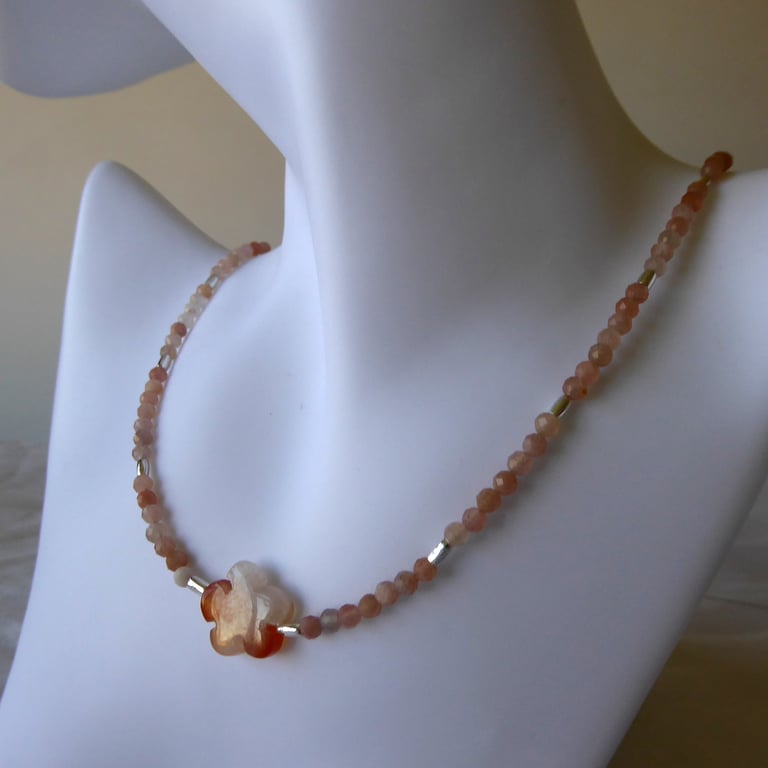 Carnelian and Sterling Silver Beaded Necklace Featuring a Red Agate Flower