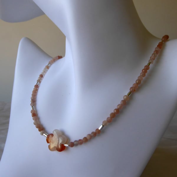 Carnelian and Sterling Silver Beaded Necklace Featuring a Red Agate Flower