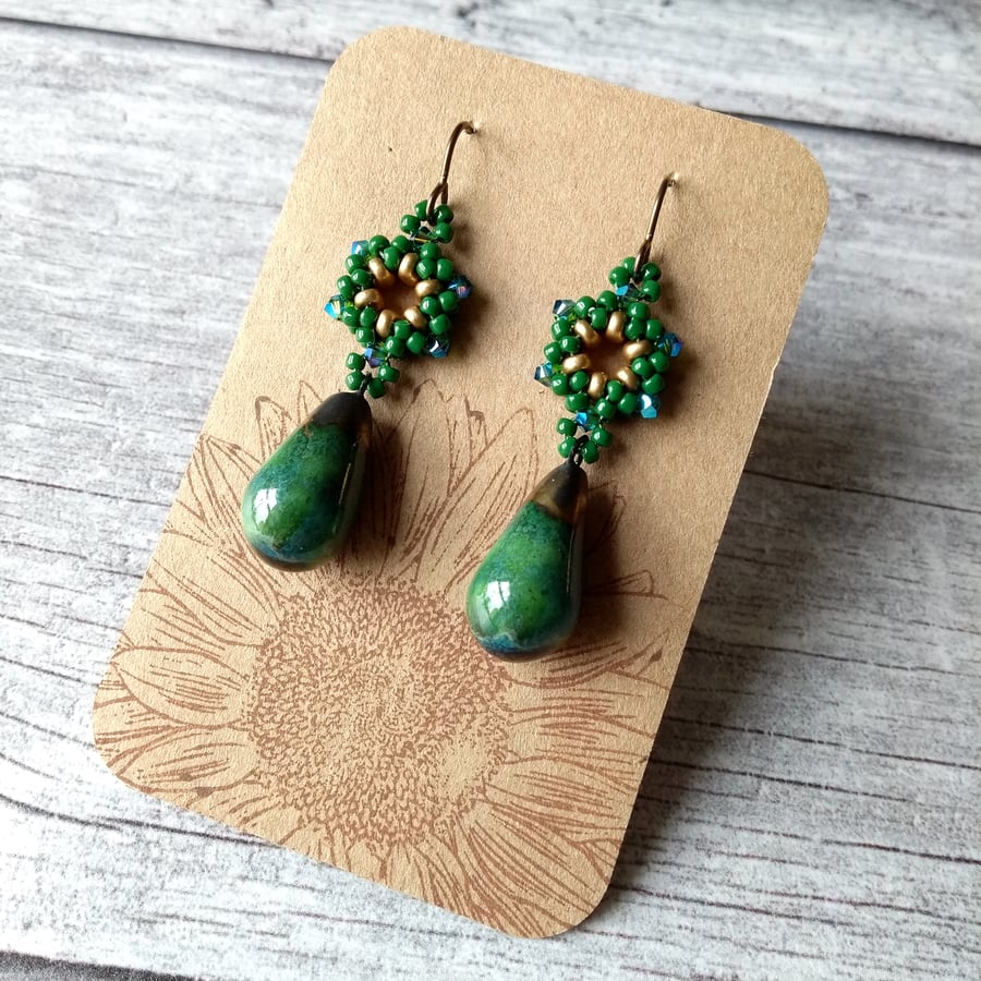 Emerald Green Ceramic and Beaded Drop Earrings