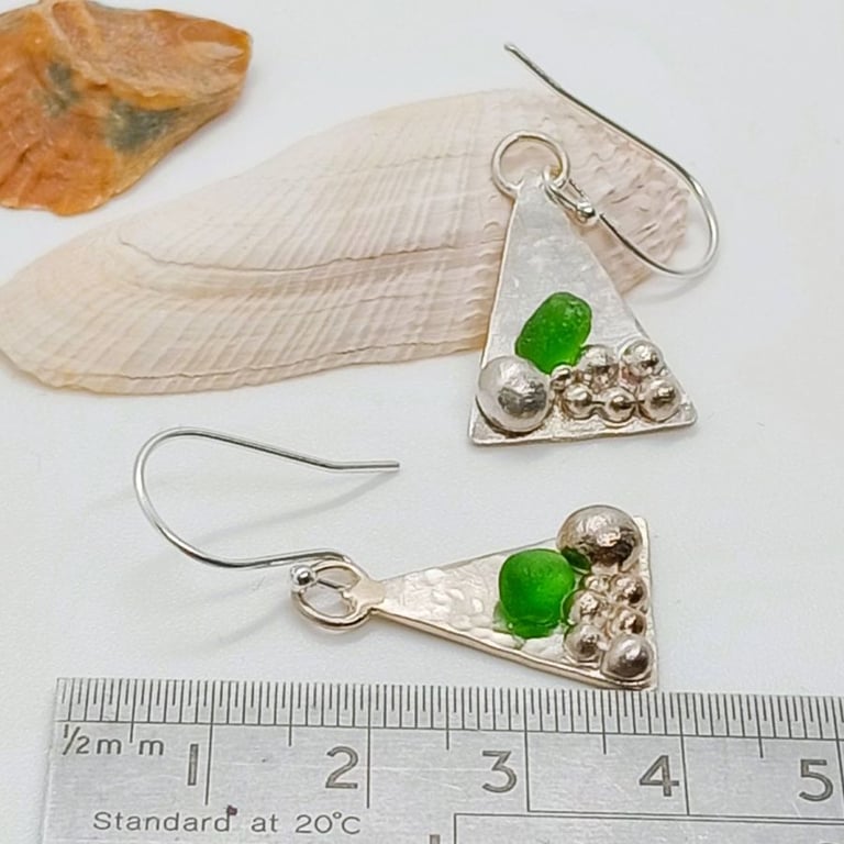 Triangle pebble and sea glass earrings sterling silver drop