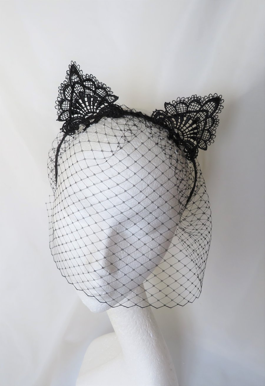 Black Cat Ears Wedding Veil Birdcage Veil Headband
