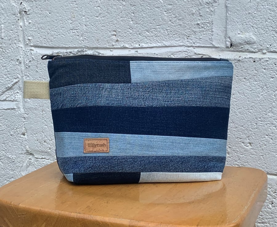 Recycled denim patchwork zipper pouch