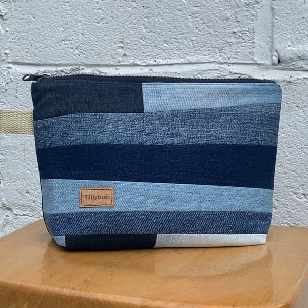 Recycled denim patchwork zipper pouch