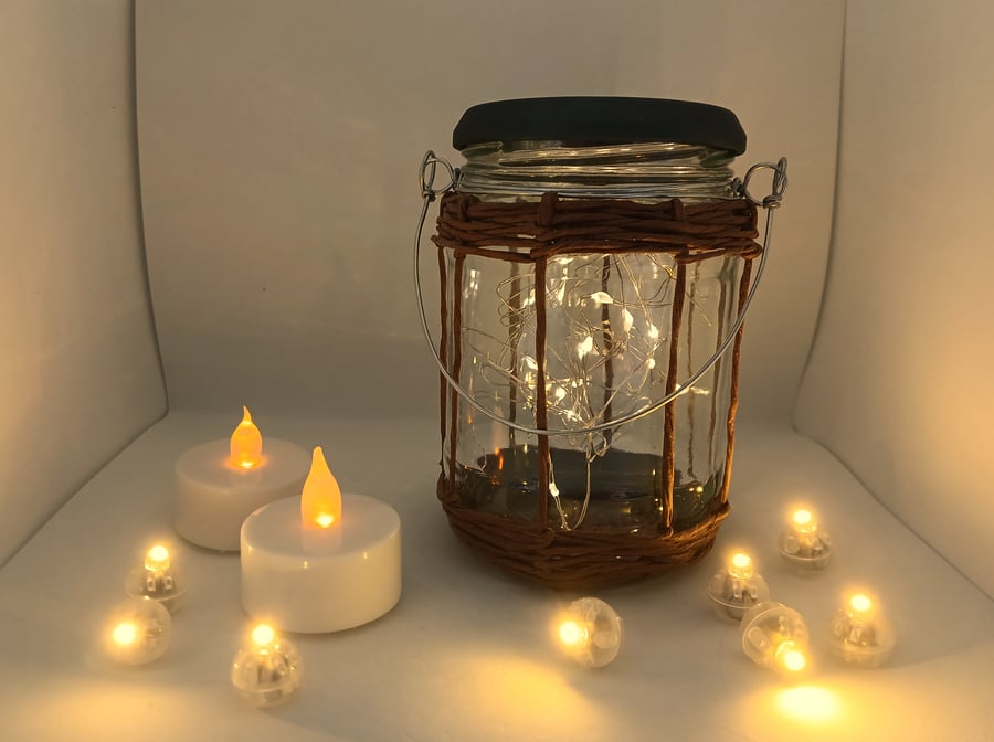Rustic, Upcycled Glass Jar Lantern with Fairy Lights (Dark Brown)