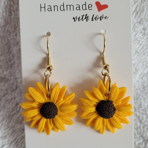 Handmade Polymer Clay Yellow Sunflower Earrings.  316 Surgical Stainless Steel