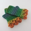 Fingerless Mitts with Dragon Scale Green Gold Petrel Orange Acrylic and Wool