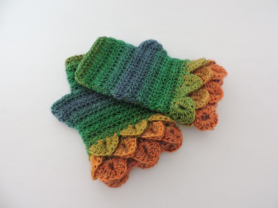 Fingerless Mitts with Dragon Scale Green Gold Petrel Orange Acrylic and Wool