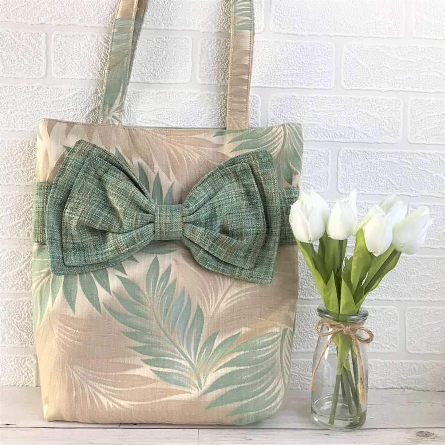 SALE, Leaf pattern tote bag, handbag with large decorative bow