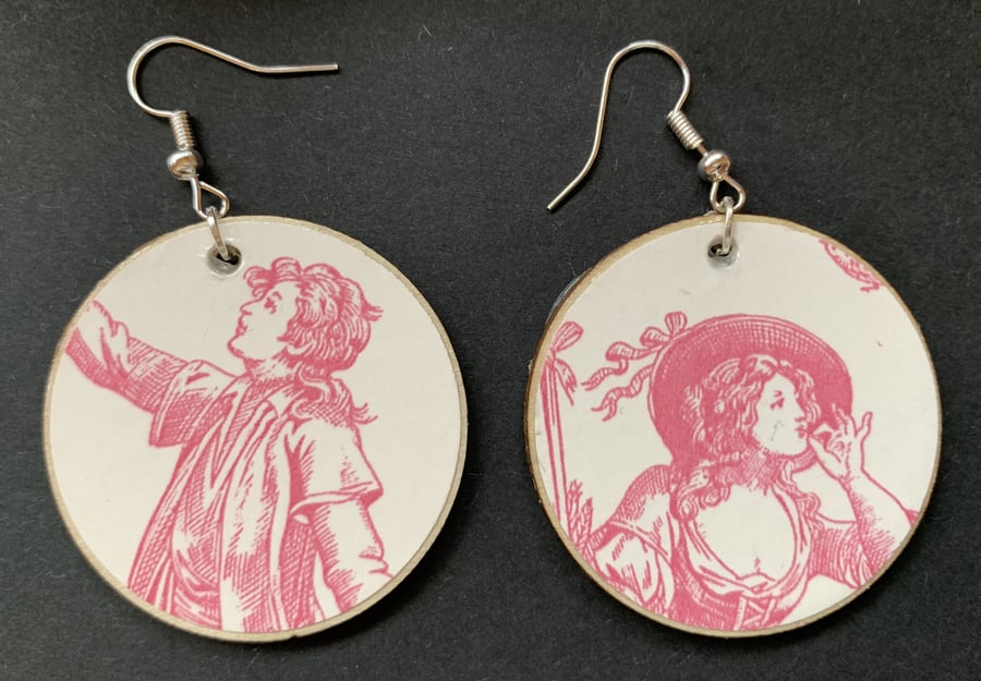 Toile de Jouy Earrings Wooden Jewellery Pink and Cream double sided PEOPLE
