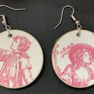 Toile de Jouy Earrings Wooden Jewellery Pink and Cream double sided PEOPLE