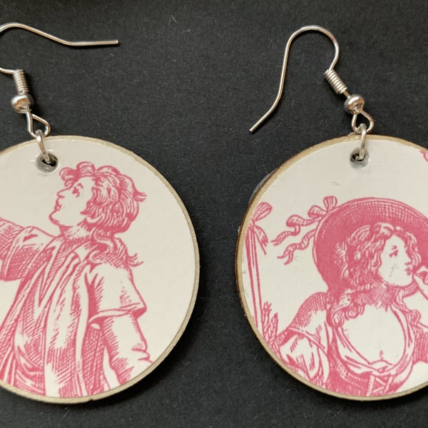 Toile de Jouy Earrings Wooden Jewellery Pink and Cream double sided PEOPLE