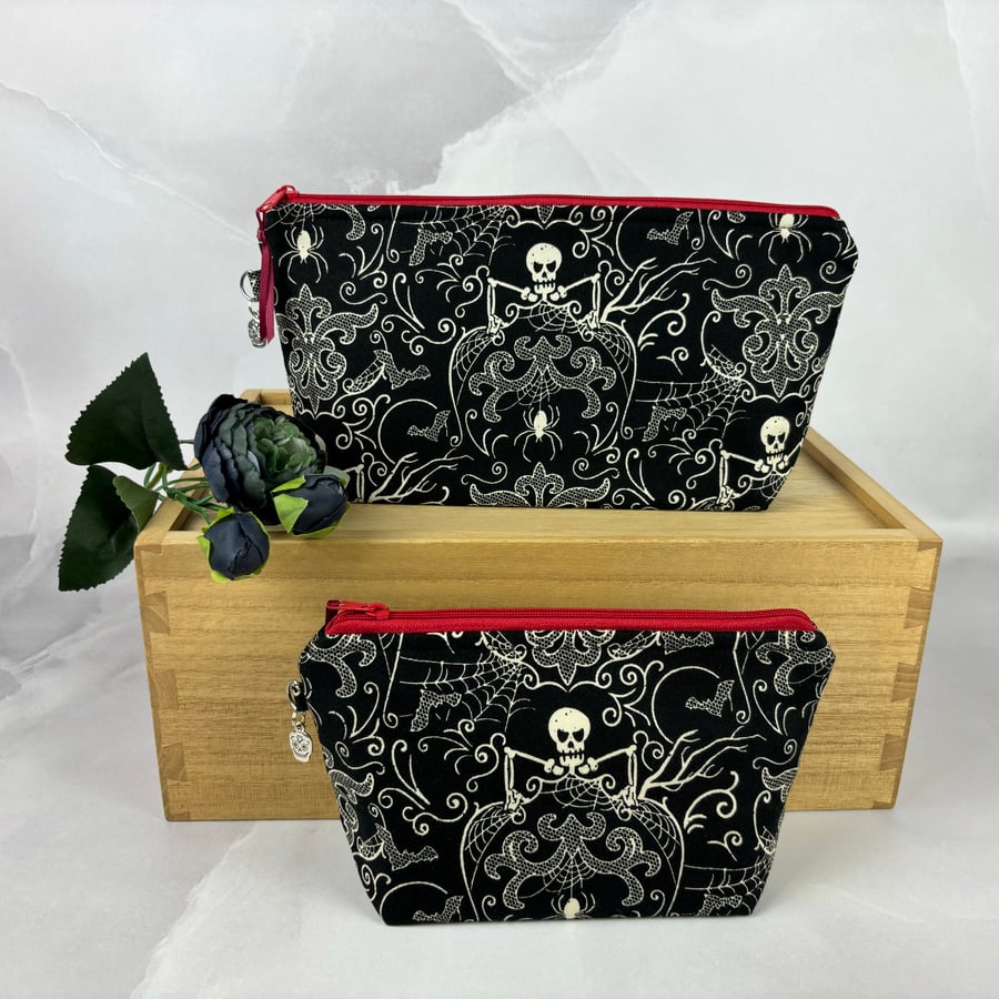 Skeletons makeup bag, Gothic zip bag, 2 size options, Handmade