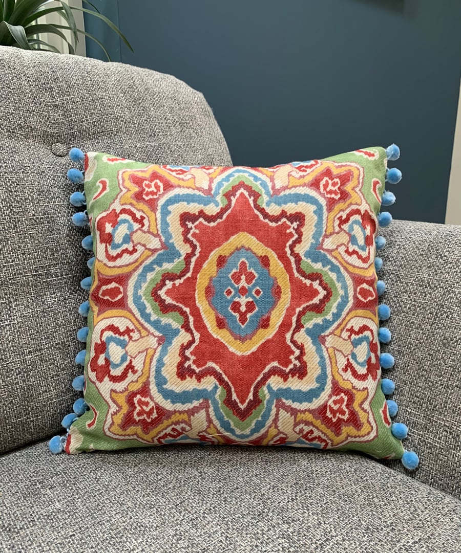 Denim patchwork and linen cushion cover