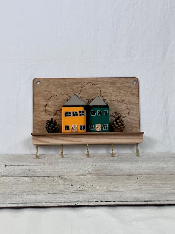 Two Tiny Wooden Houses with Hooks – Handmade Key Hanger from Reclaimed Wood