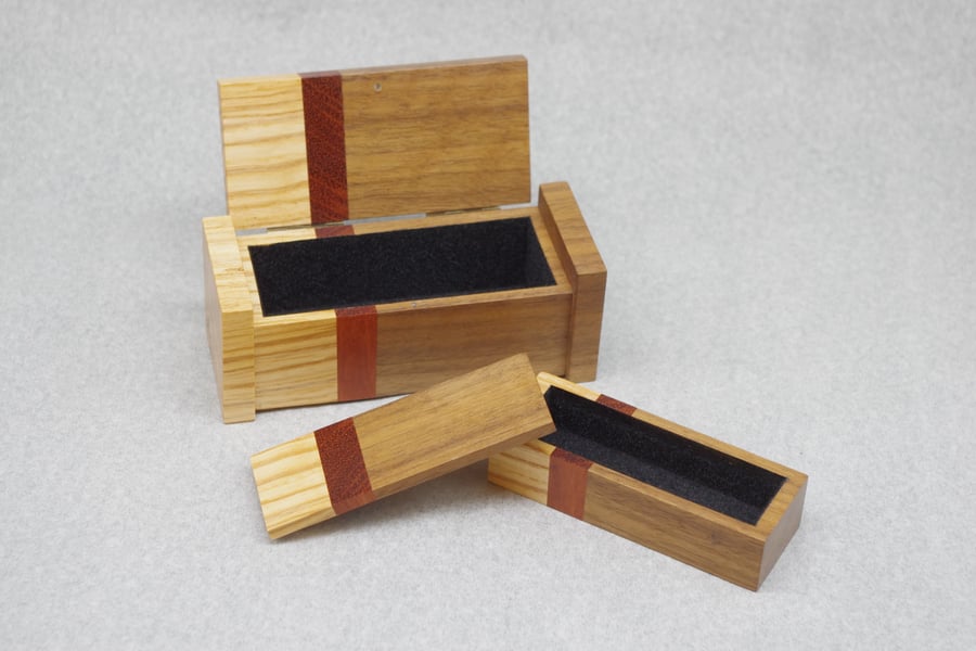 Wooden trinket, ring box with inner box. Handmade. Mixed woods.