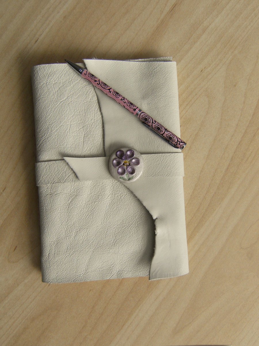 SALE Cream Leather Longstitch Journal, with Flower Button
