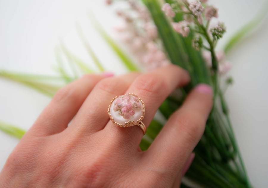Pressed real flower ring Resin jewelry Gold everyday adjustable ring Boho lover