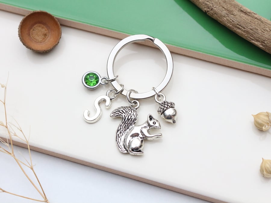 Personalised Cute Squirrel & Acorn Keyring - Nature Lover Gift. Animal Keyring. 