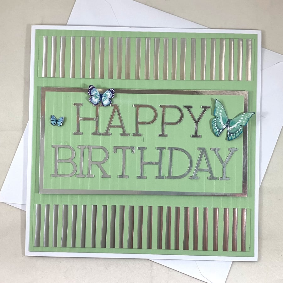 Mint and silver text Happy Birthday card
