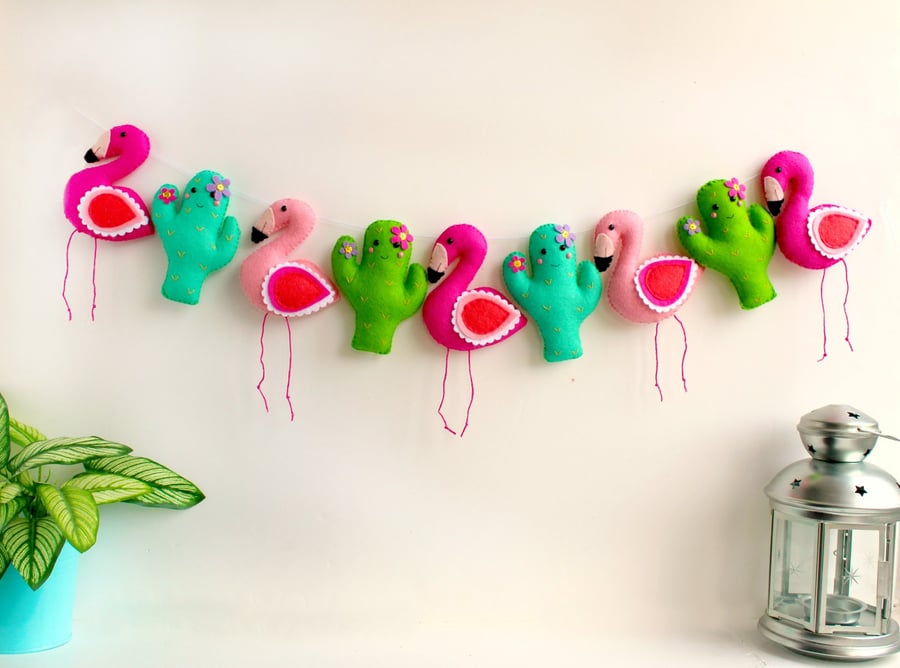 Make Your Own Felt tropical Flamingo and Cactus Garland. Sewing kit.