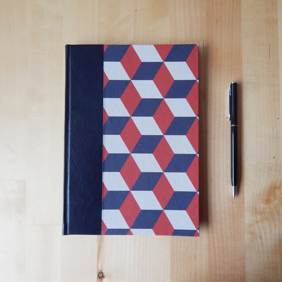 Navy and Red A5 Squared paper Journal, leather trim. Gifts for Him. For Geeks