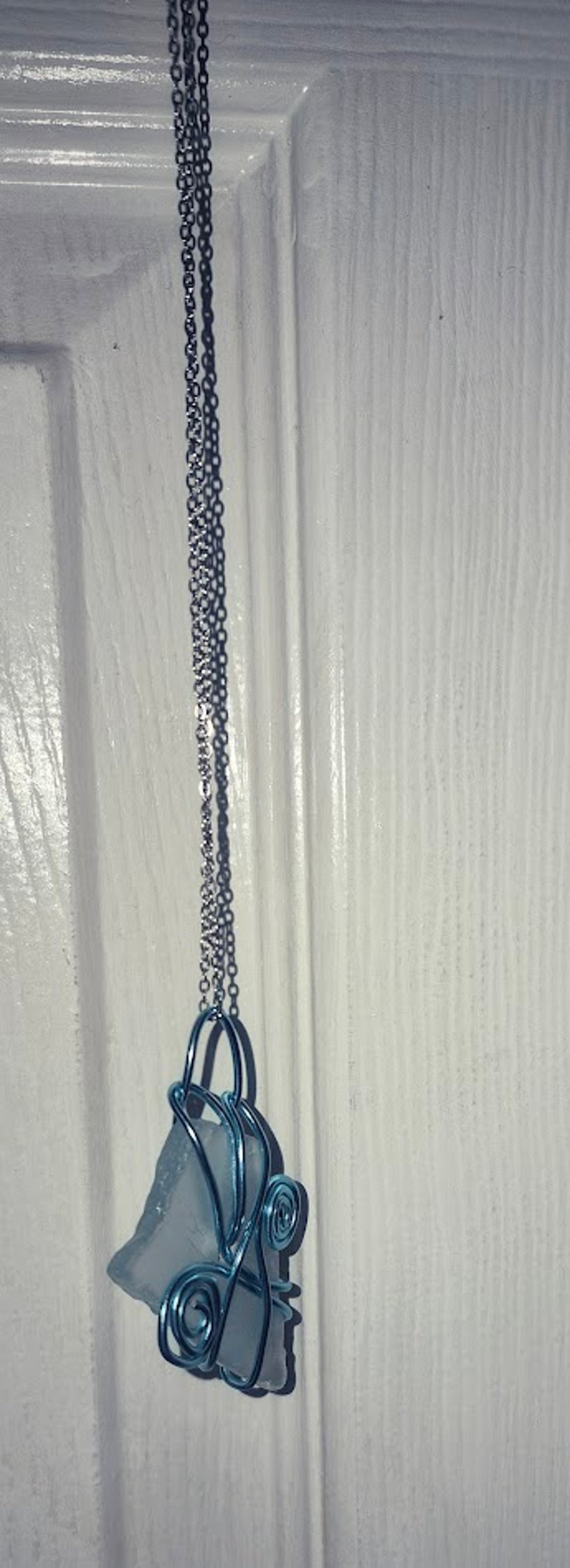 Handmade Frosted Glass Necklace- White Frosted Glass Pendant with Blue Wire 