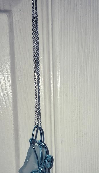 Handmade Frosted Glass Necklace- White Frosted Glass Pendant with Blue Wire 