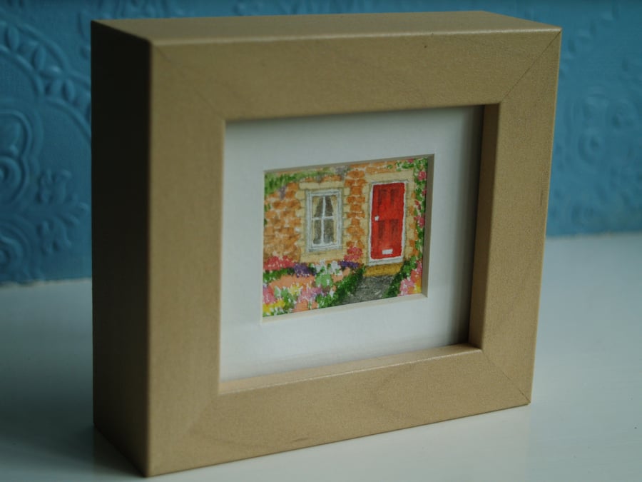 Little framed Cottage Garden miniature watercolour