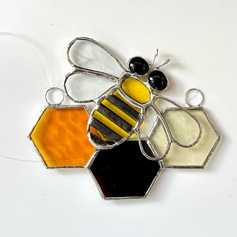Stained Glass Small Honeycomb and Bee Suncatcher - Handmade Window Decoration 