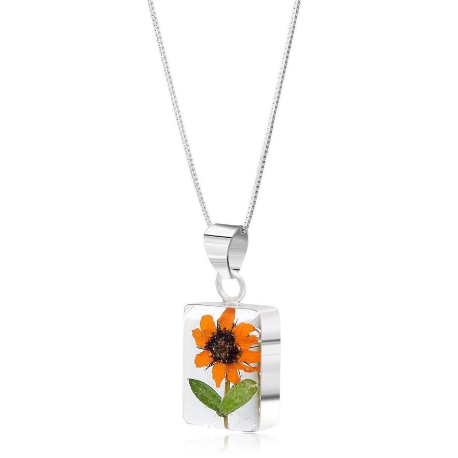 Sterling Silver Sunflower Rectangle Pendant Necklace