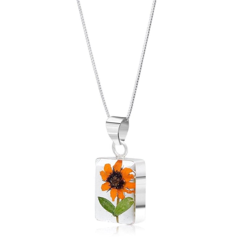 Sterling Silver Sunflower Rectangle Pendant Necklace