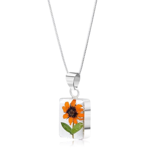 Sterling Silver Sunflower Rectangle Pendant Necklace