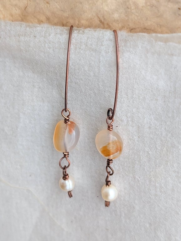 Carnelian and pearl handmade copper earrings, June birthstone, July birthstone