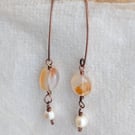 Carnelian and pearl handmade copper earrings, June birthstone, July birthstone