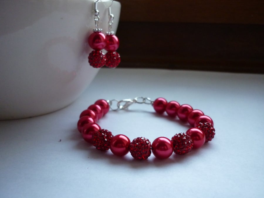 RED AND SILVER, PEARL AND PAVE BEAD, BRACELET AND EARRING SET.