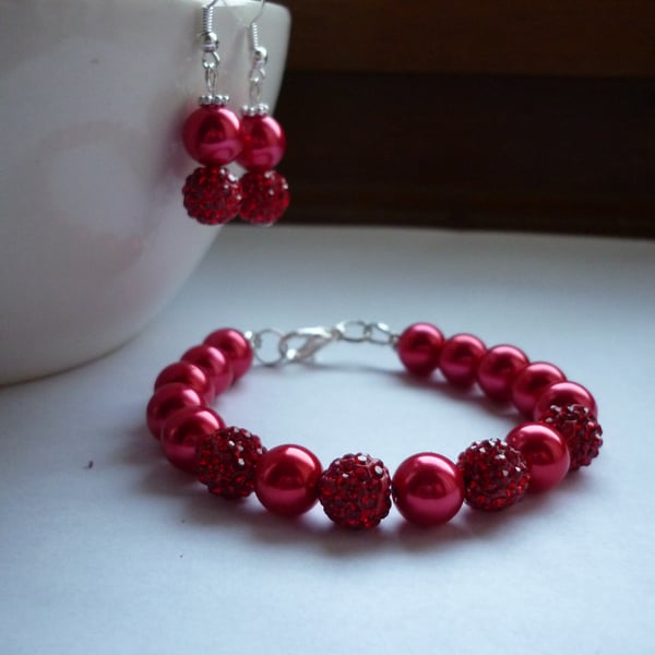 RED AND SILVER, PEARL AND PAVE BEAD, BRACELET AND EARRING SET.