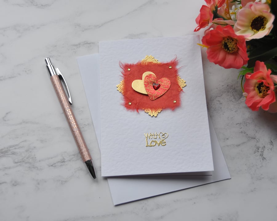 Valentine's Day With Love Red Gold Hearts Free Post 3D Luxury Handmade Card 