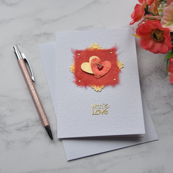 Valentine's Day With Love Red Gold Hearts Free Post 3D Luxury Handmade Card 
