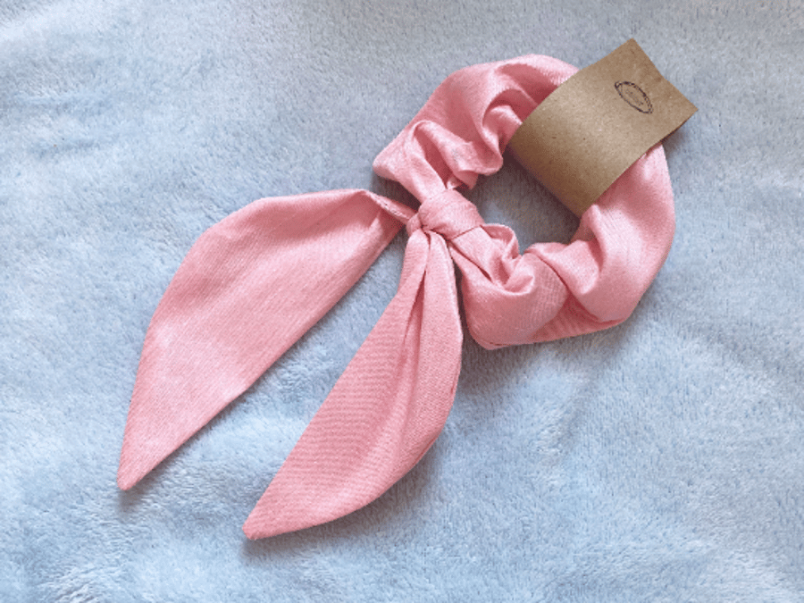 Pink silk hair scrunchie, bunny ear bow, scrunchy scarf, handmade, gift for her
