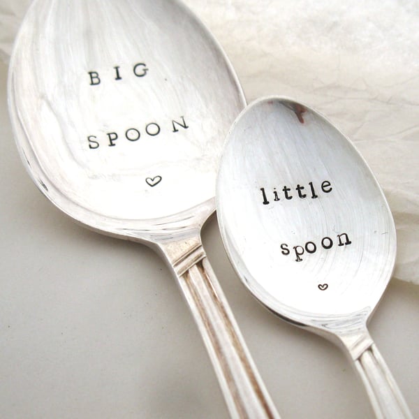 Matching Big and Little Spoons, Handstamped Tablespoon and Teaspoon