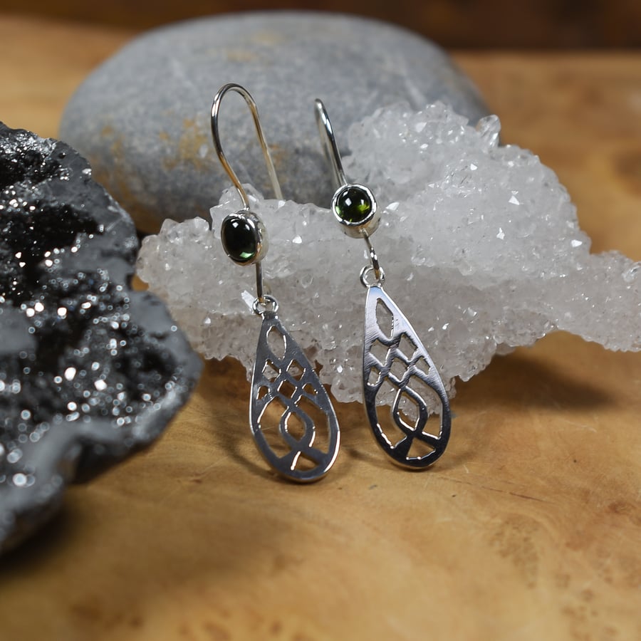 Celtic Earrings, Green Tourmaline & Sterling Silver Earrings
