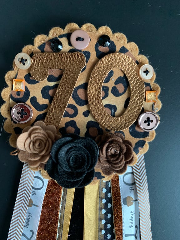 Birthday badge-Rosette Personalised - Leopard print - 70th- female