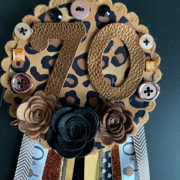 Birthday badge-Rosette Personalised - Leopard print - 70th- female