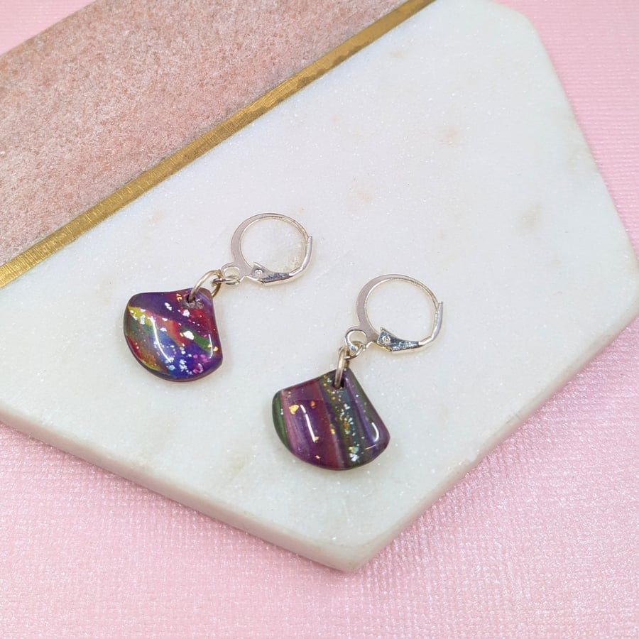 Handmade Abstract Fan Polymer Clay Huggie Earrings - Truly Unique