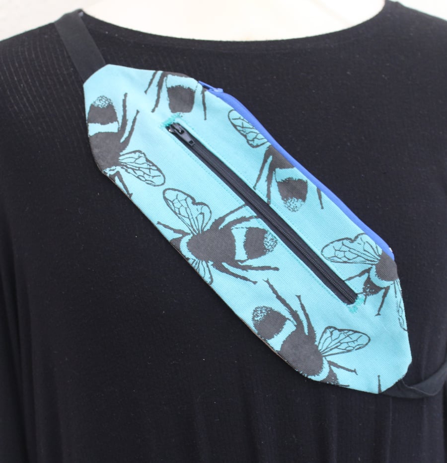 Handmade bee hand print unique turquoise belt bag,hiking hip travel bag,Eco gift
