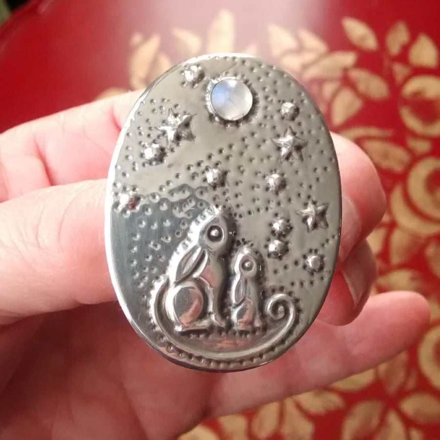 Moongazing Hares Brooch with Rainbow Moonstone Moon