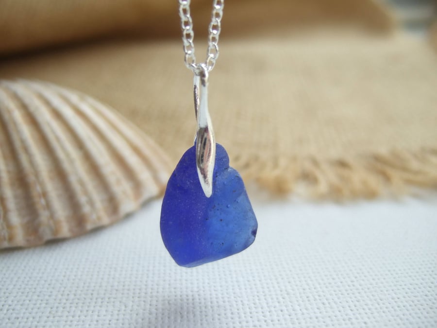 Bonfire Scottish blue sea glass necklace, cobalt blue bonfire sea glass, organic